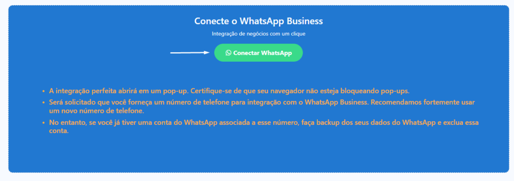 Tela de seleção do tipo de conexão WhatsApp - com ou sem permissão de catálogo
