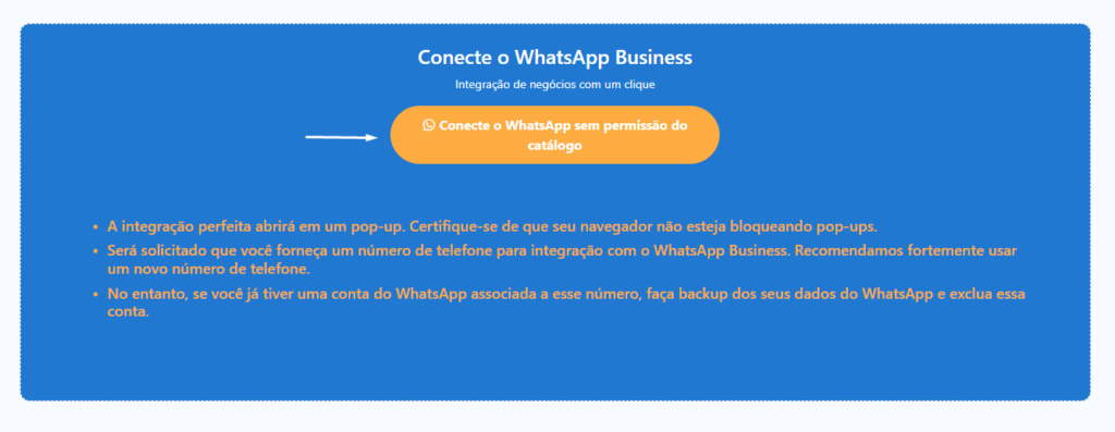 Pop-up de autenticação da Meta para integração com WhatsApp Business API