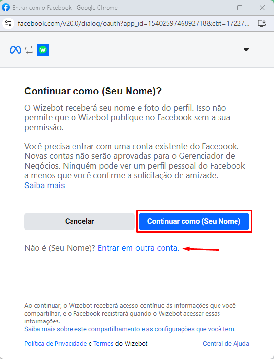 Tela de login do Facebook para continuar com a configuração do WhatsApp Business