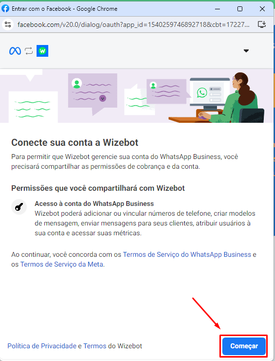 Tela inicial de configuração do WhatsApp Business API com botão Começar