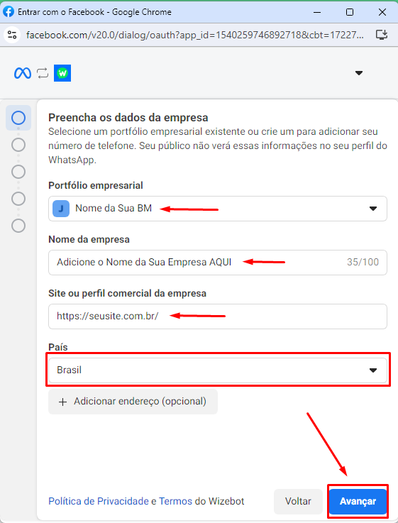 Formulário para preenchimento das informações empresariais: nome da empresa, site e país