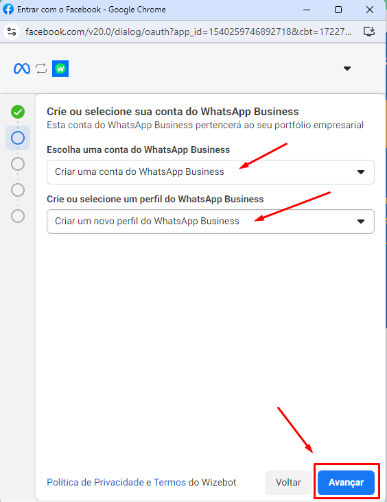 Tela para criar nova conta do WhatsApp Business ou selecionar conta existente
