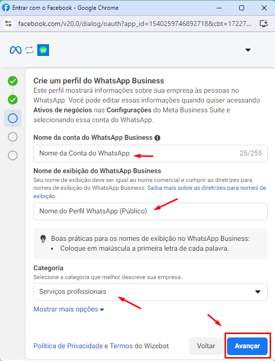 Campos para definir o nome da conta e nome de exibição do WhatsApp Business