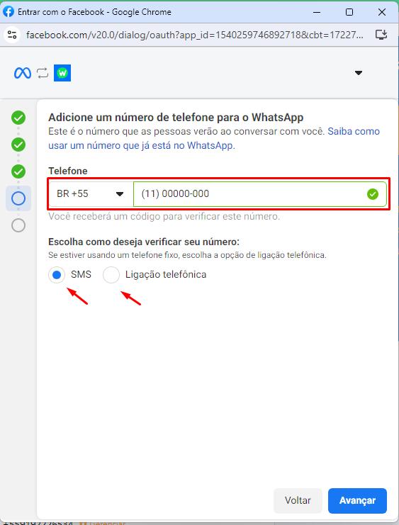 Formulário para adicionar número de telefone e escolher método de verificação (SMS ou ligação)