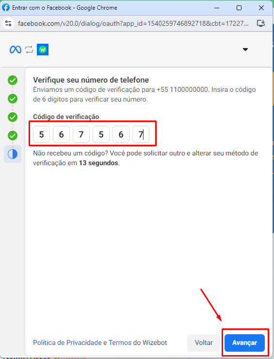 Campo para inserir o código de verificação de 6 dígitos recebido do WhatsApp