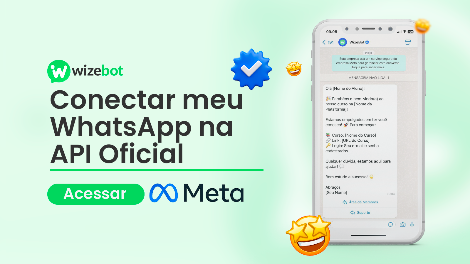 Ilustração mostrando a conexão do WhatsApp Business com a API Oficial da Meta através da WizeBot