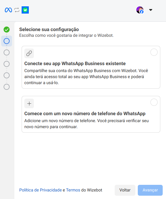 Opções para escolher entre usar número existente do WhatsApp ou conectar um número novo