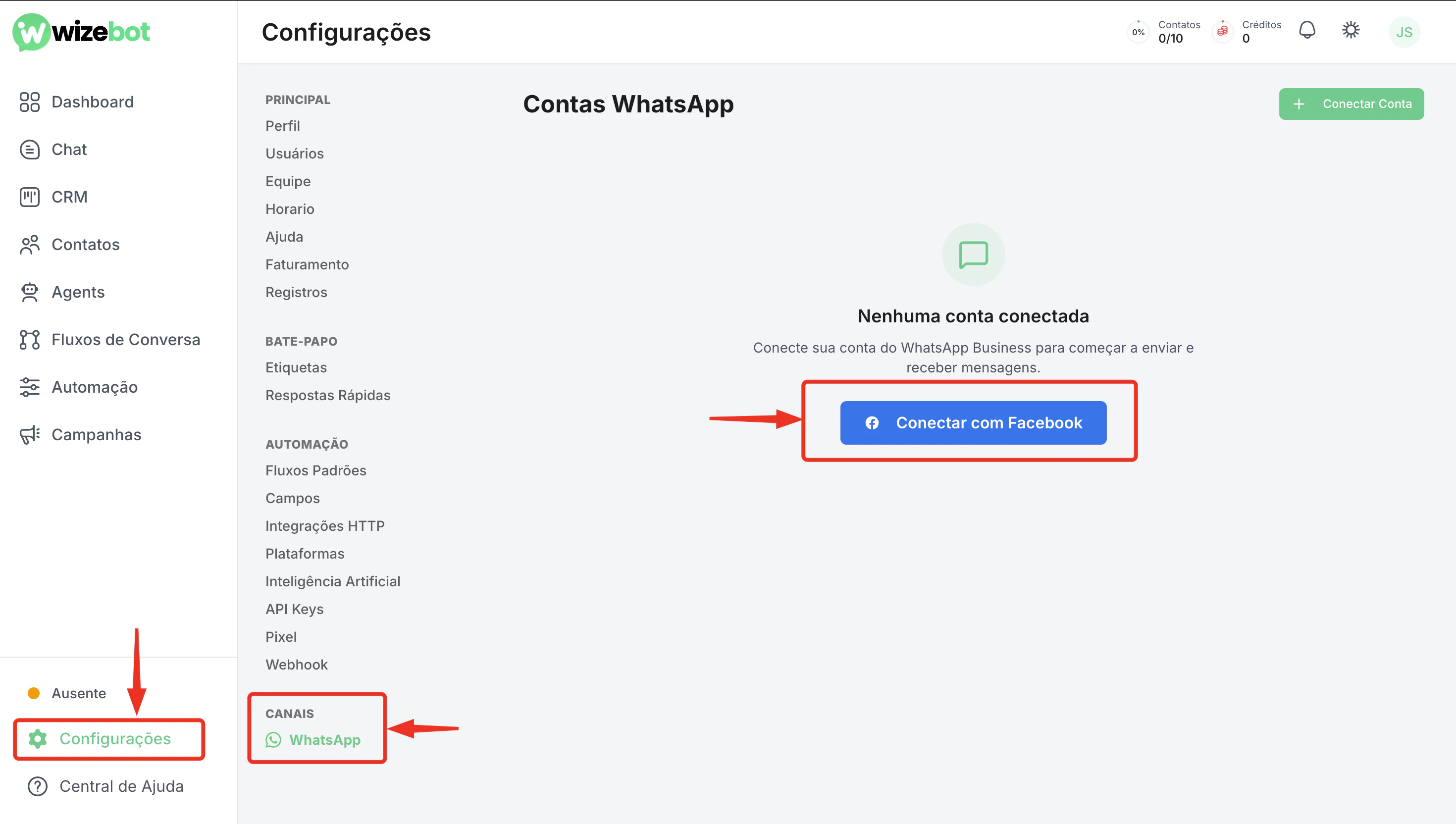 Tela de Configurações da WizeBot com a seção WhatsApp e botão Conectar com Facebook