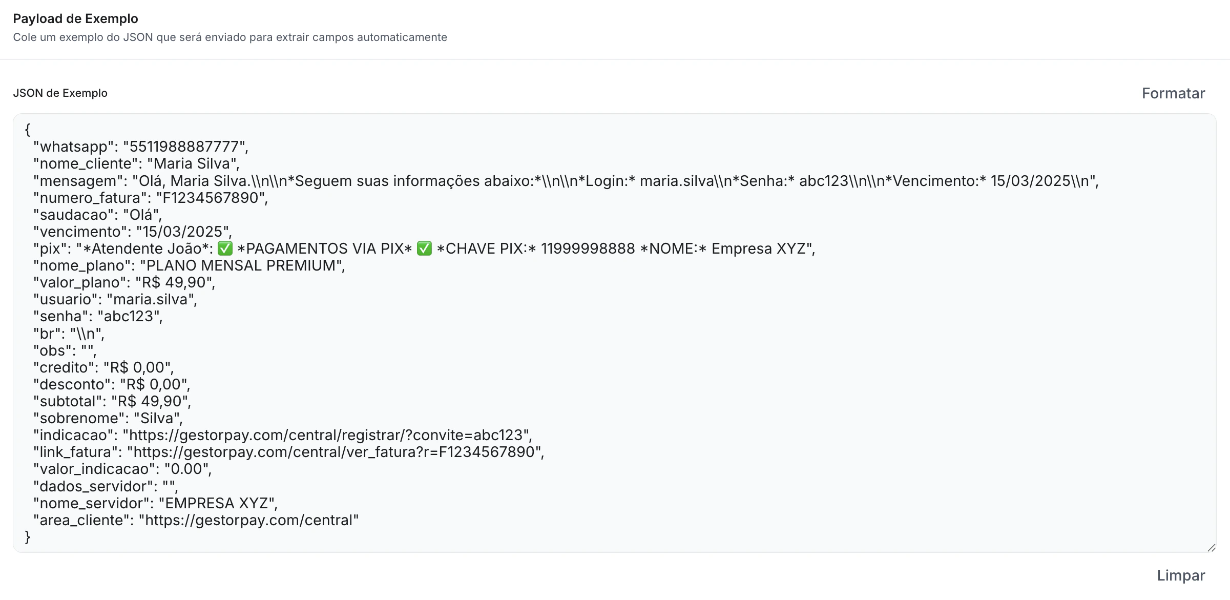 Colando payload JSON no editor