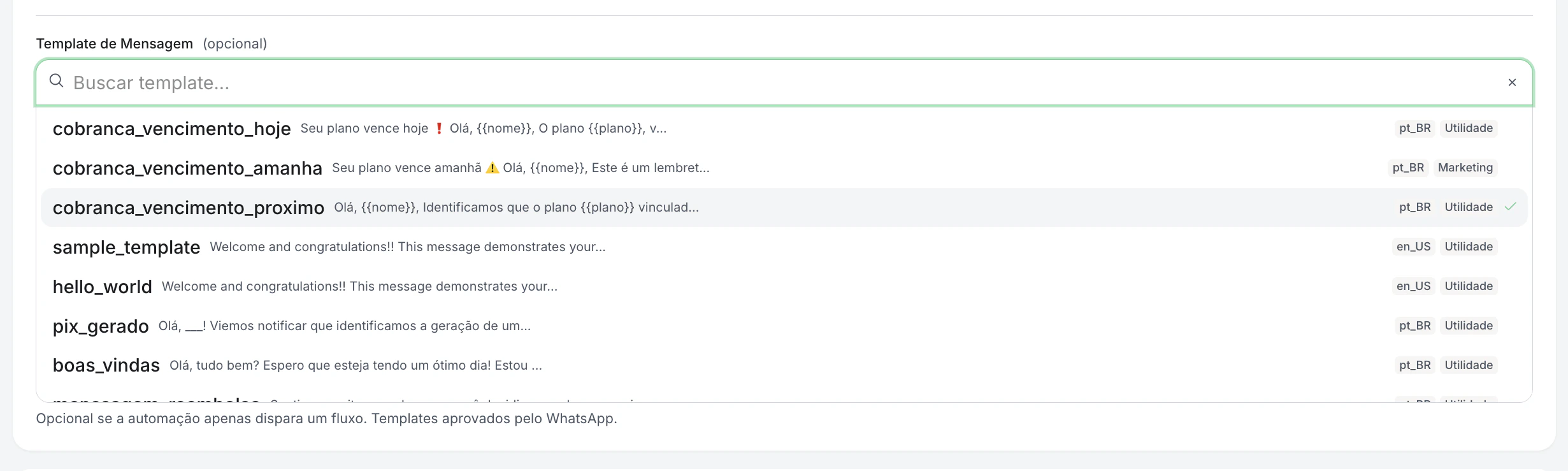 Seleção do modelo de mensagem
