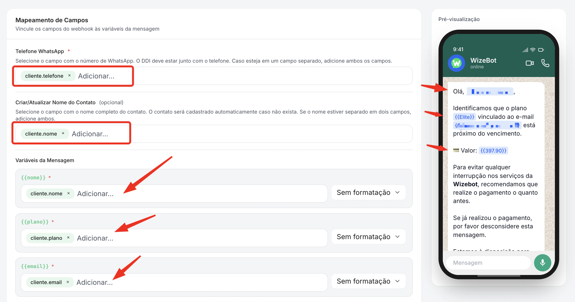 Mapeamento de campos webhook para template