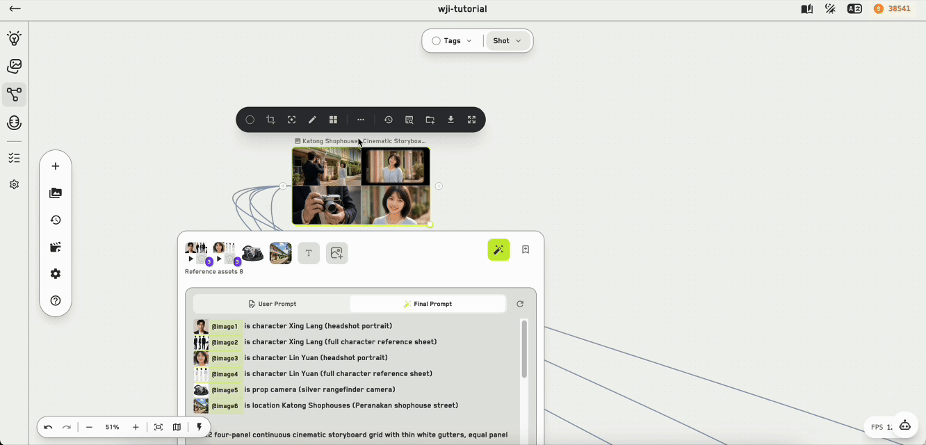 Storyboard builder dialog with available frames on one side and a reorderable selection on the other