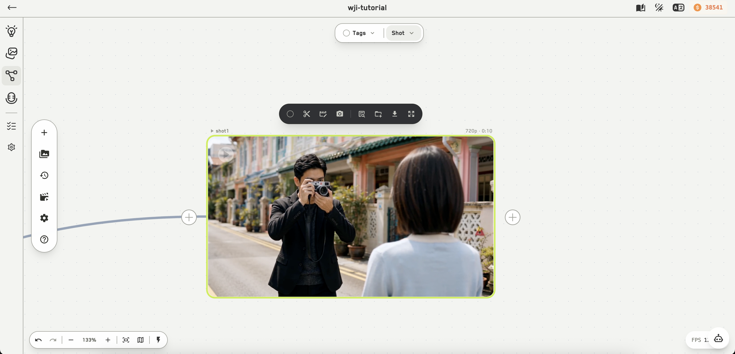Video node with a toolbar offering trim, frame capture, selective regeneration, preview switching, and director bar