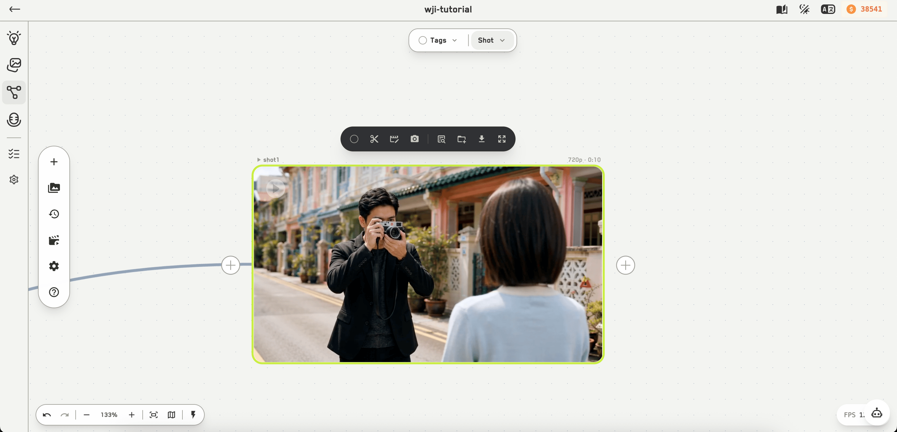 Video node with a toolbar offering trim, frame capture, selective regeneration, preview switching, and director bar