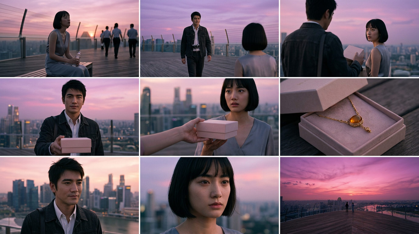 A single generated image divided into nine cells, each a different shot, with the per-cell upscale menu open