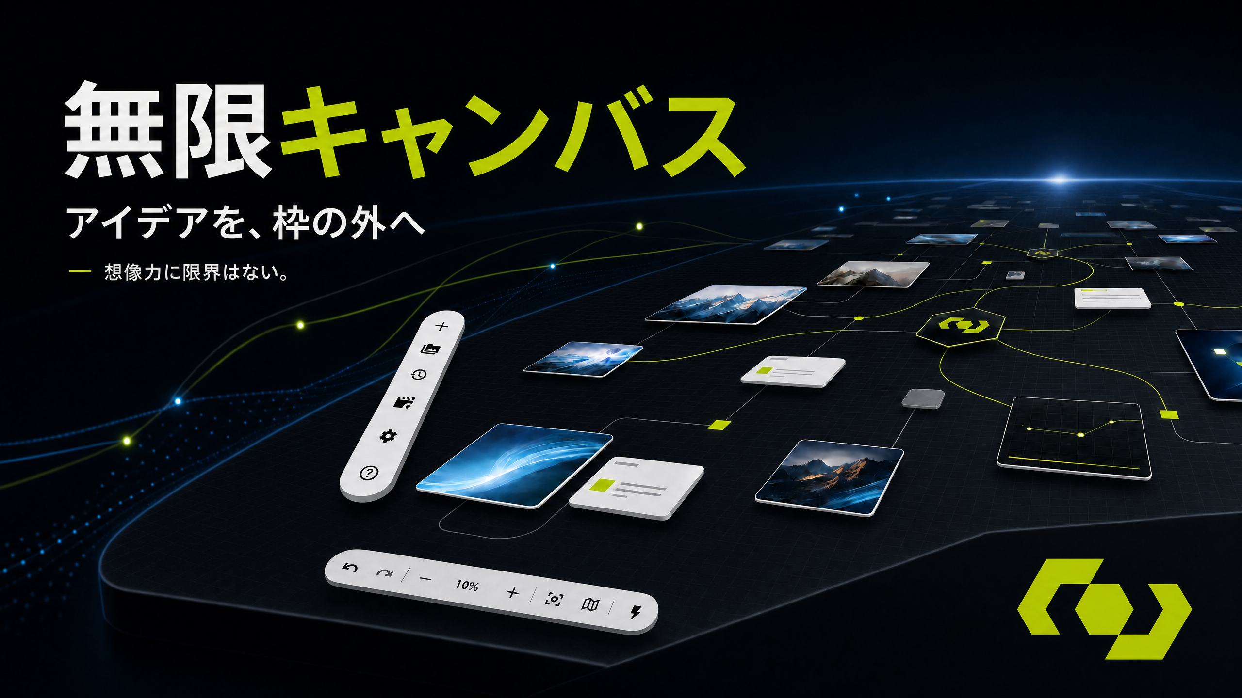 無限キャンバス上で画像ノードとテキストノードが接続されている WJI のワークスペース画面