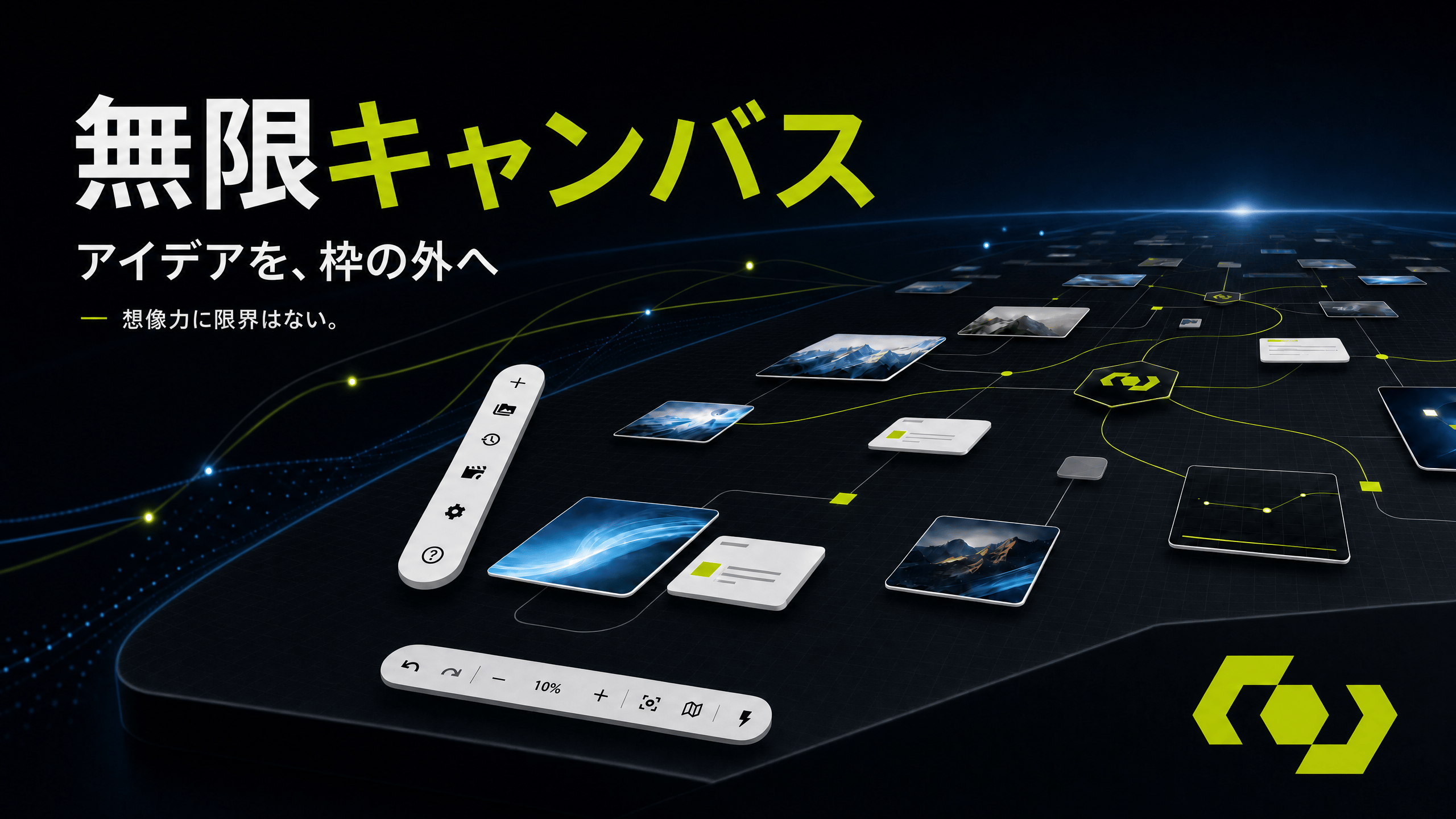 無限キャンバス上で画像ノードとテキストノードが接続されている WJI のワークスペース画面