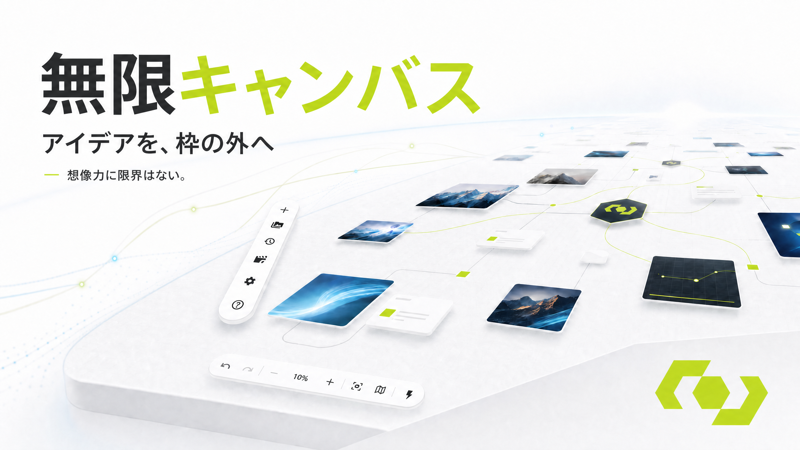 無限キャンバス上で画像ノードとテキストノードが接続されている WJI のワークスペース画面