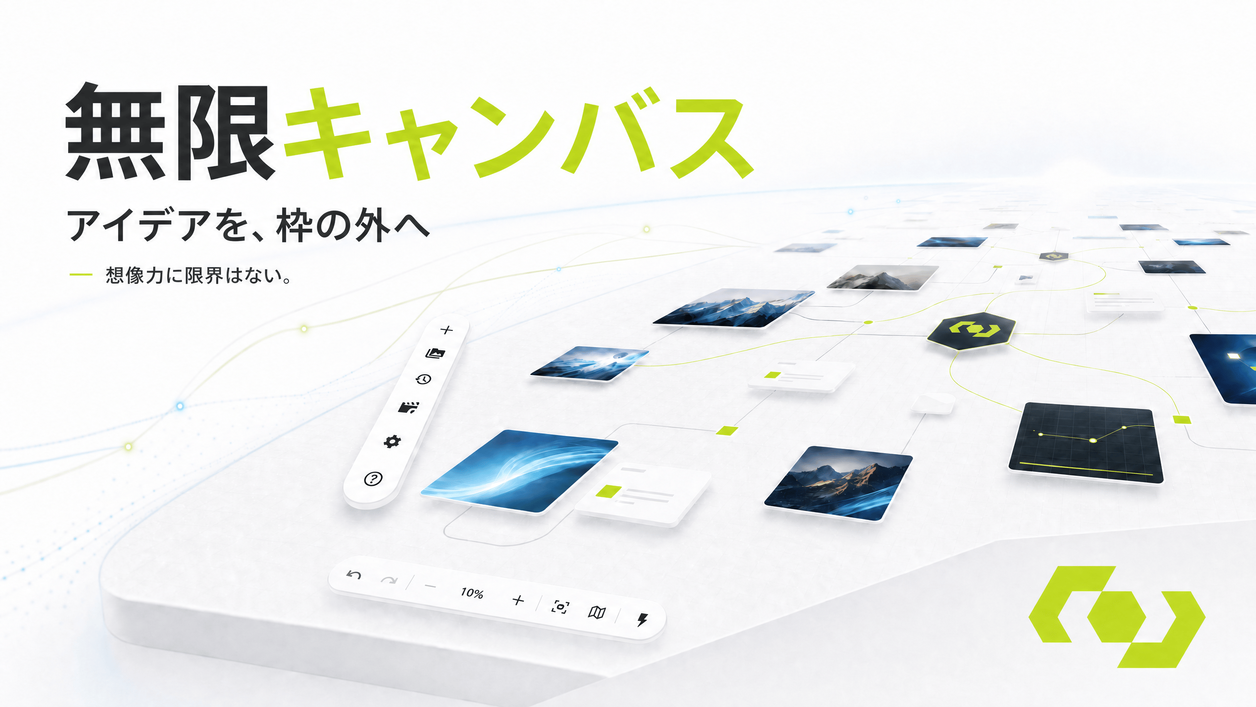 無限キャンバス上で画像ノードとテキストノードが接続されている WJI のワークスペース画面