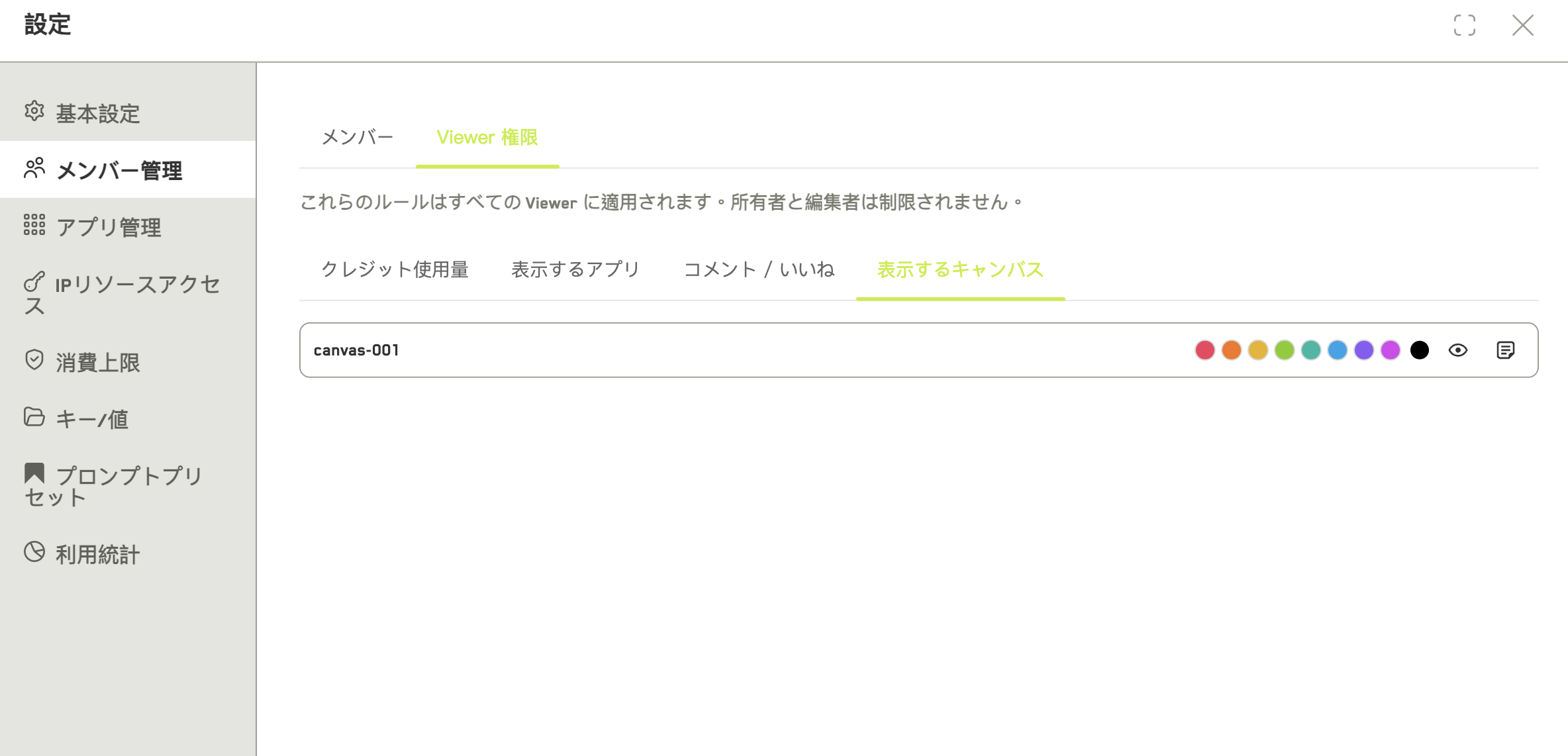 キャンバスごとのチェック、表示するカラータグ、注釈の可否を備えた閲覧者の権限パネル
