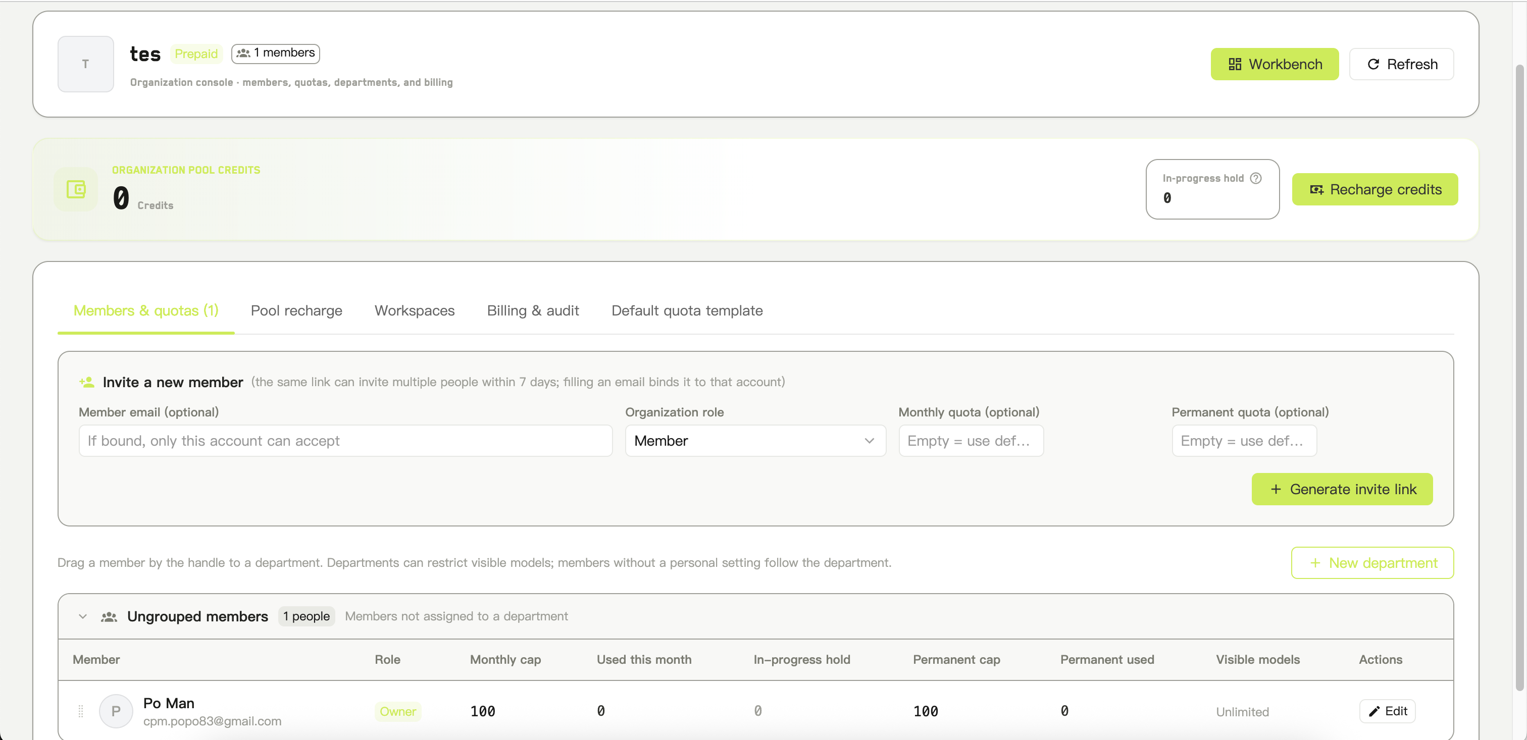 Invite block with the email, role, monthly limit, and permanent limit fields above the generate button