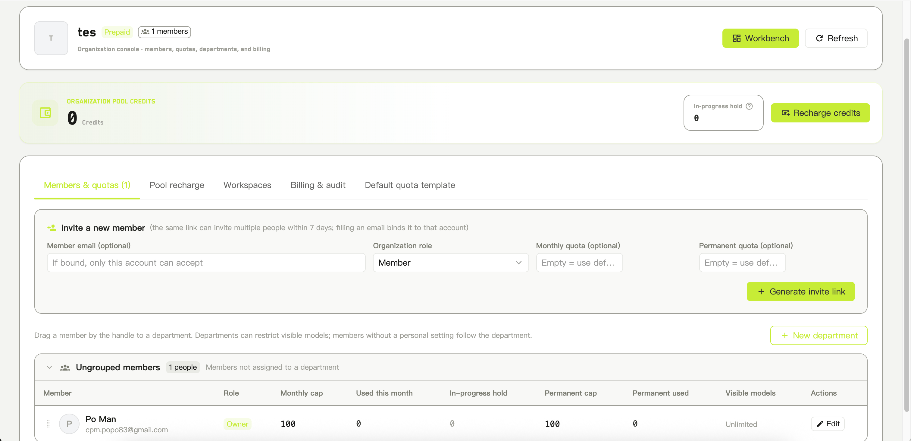 Invite block with the email, role, monthly limit, and permanent limit fields above the generate button