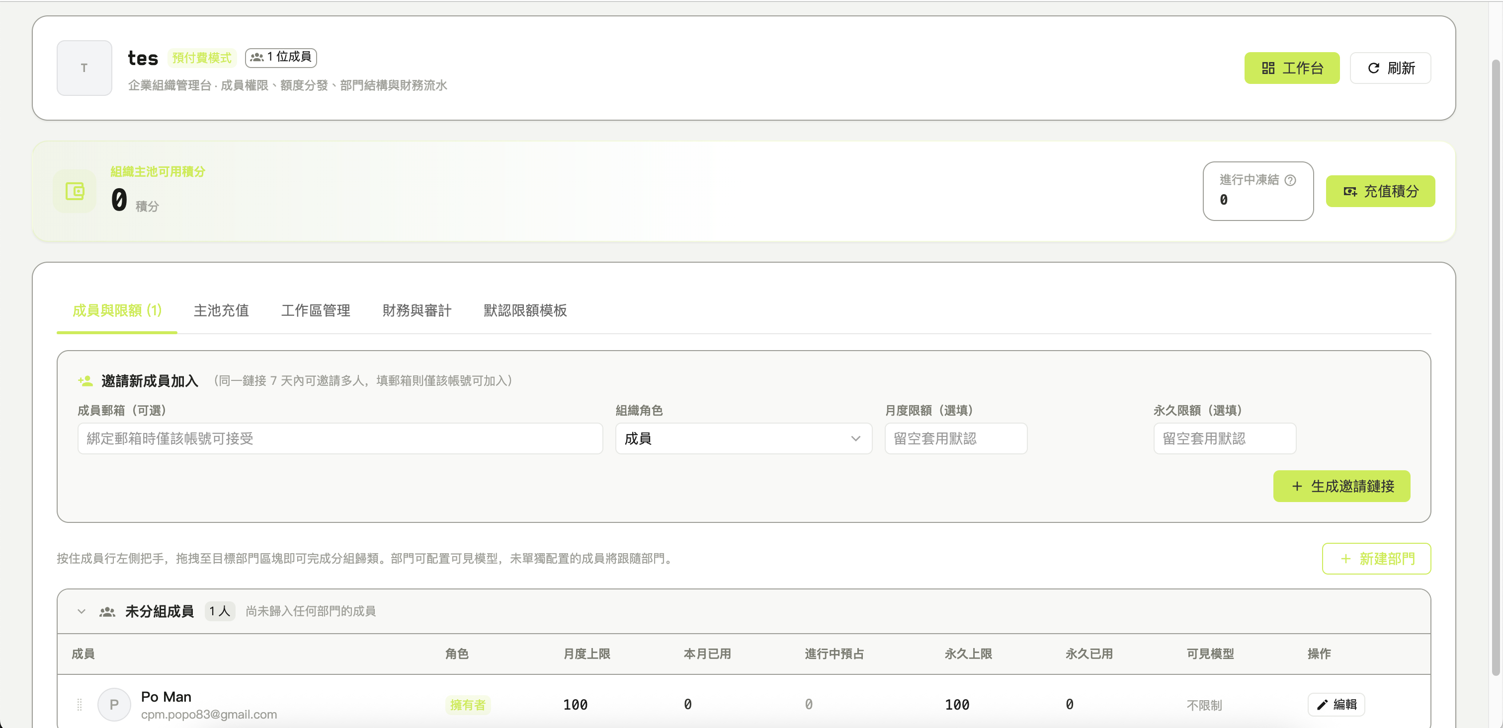 邀請區塊，含郵箱、角色、月度限額與永久限額欄位，下方是產生按鈕