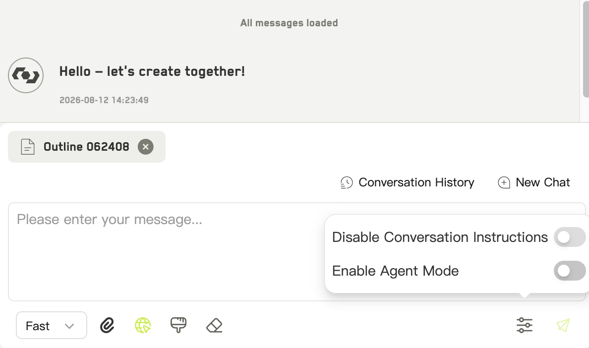 Right-hand chat panel with the ask and agent mode switch and an idea attached as context