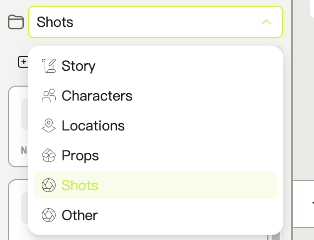 Reference block with several cards, each labelled by type such as character, location, and style