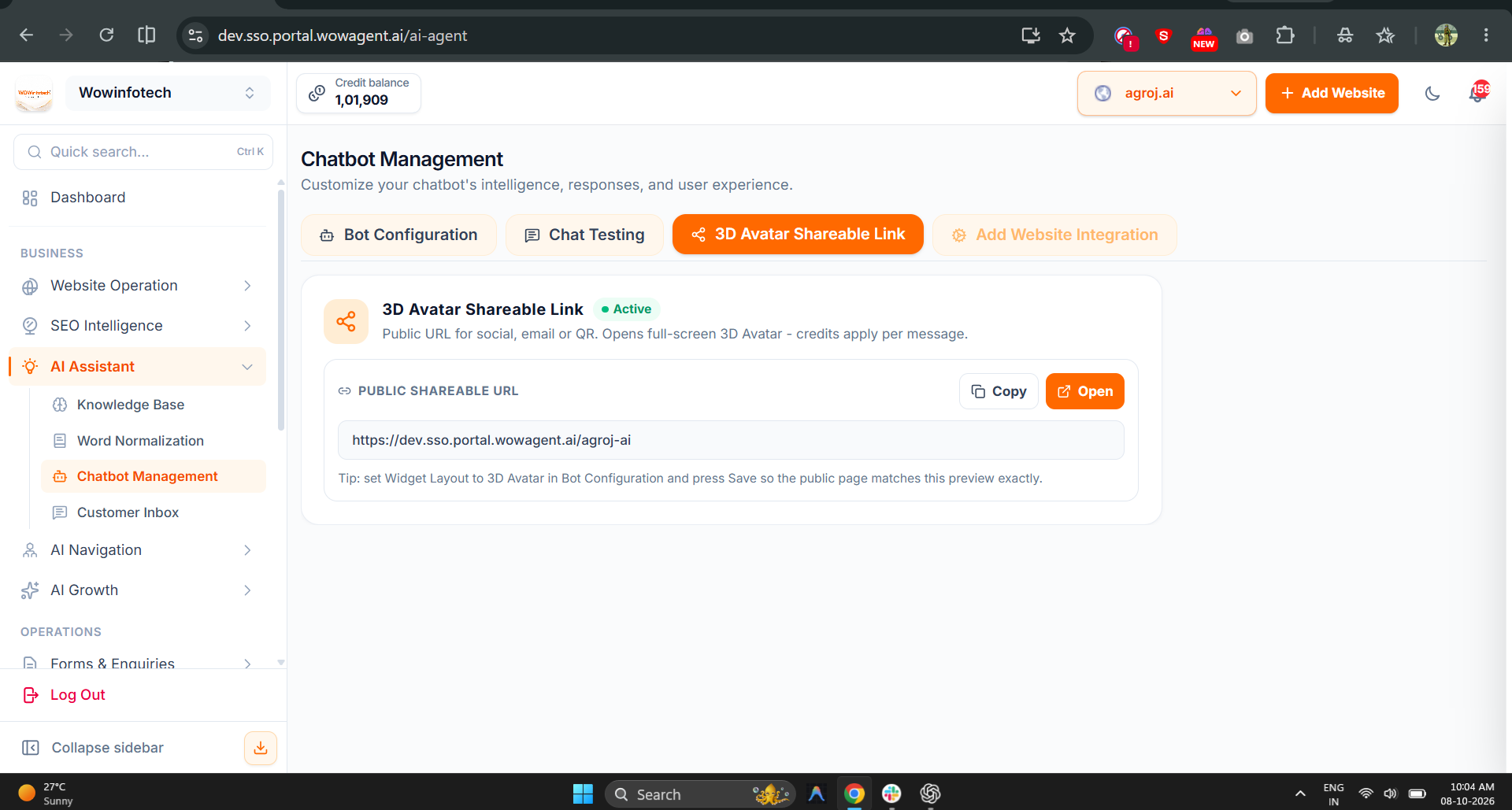 3D Avatar Shareable Link tab in Chatbot Management