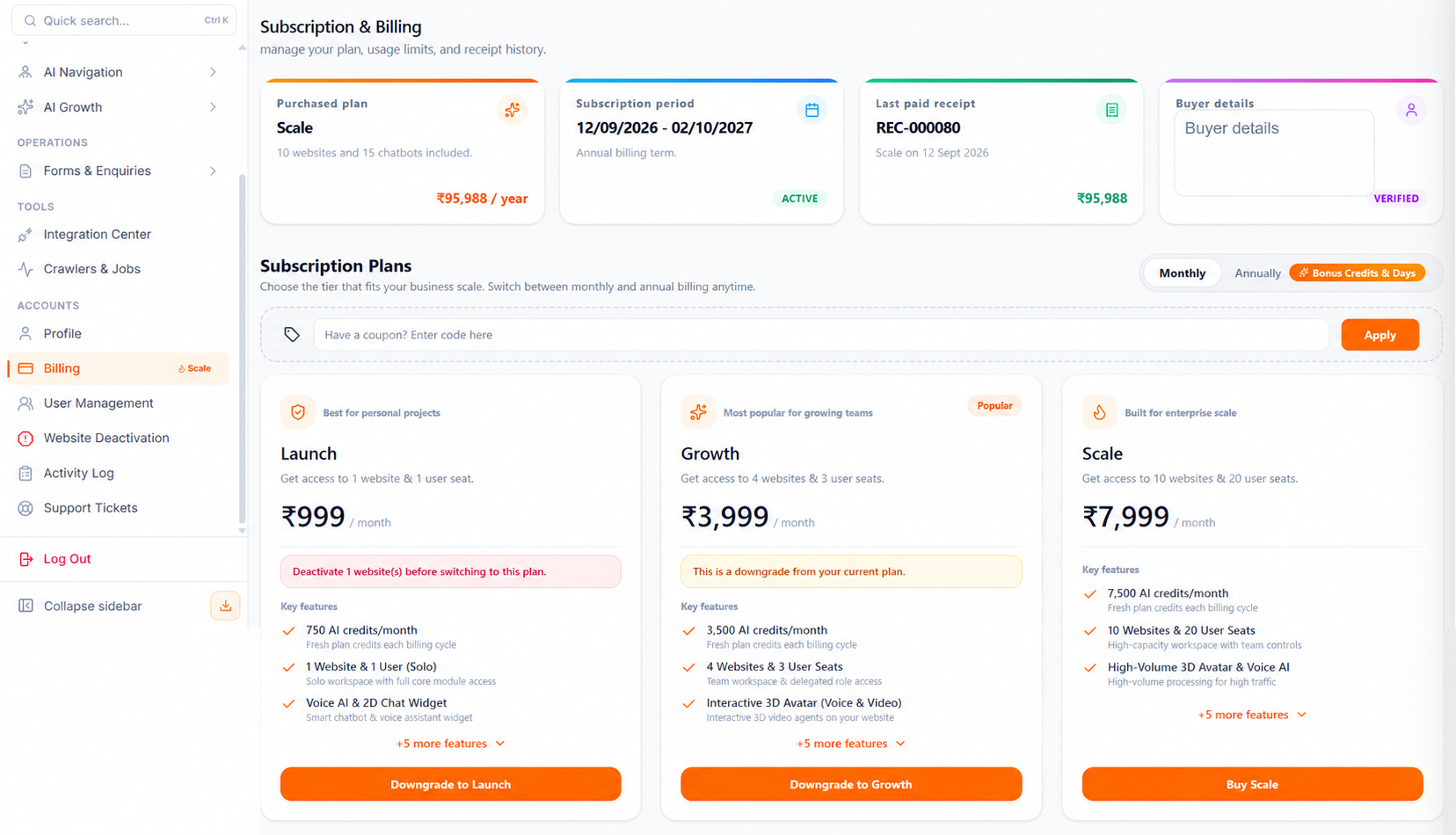 Illustration of coupon entry above the subscription plans