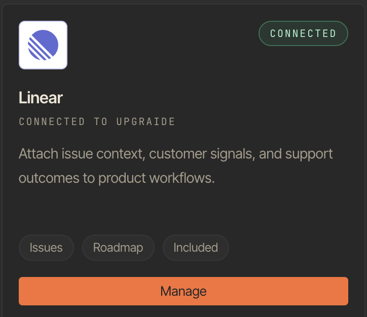 Connected Linear integration card in Woes workspace settings.