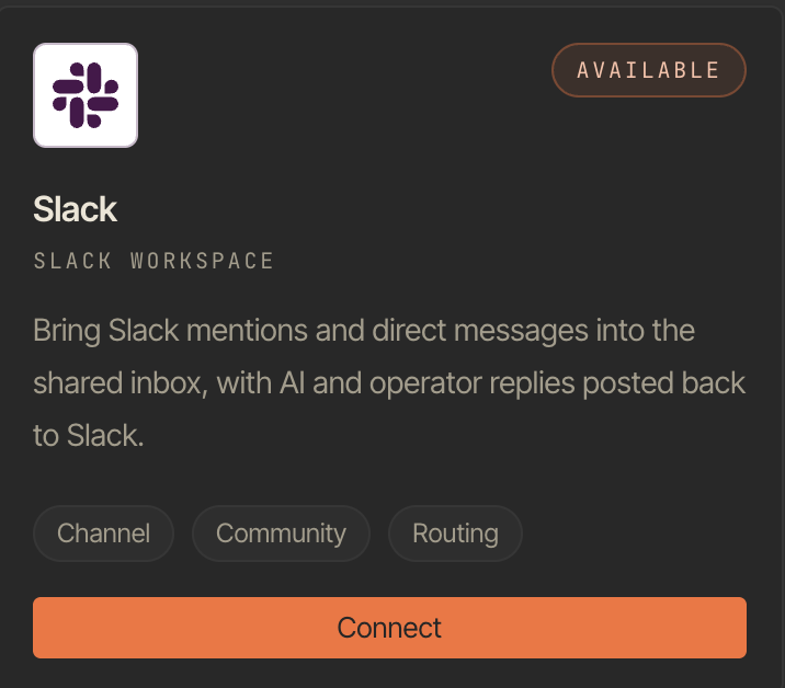 Slack integration card in Woes workspace settings.