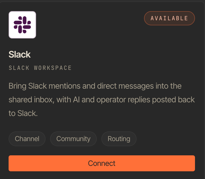 Slack integration card in Woes workspace settings.