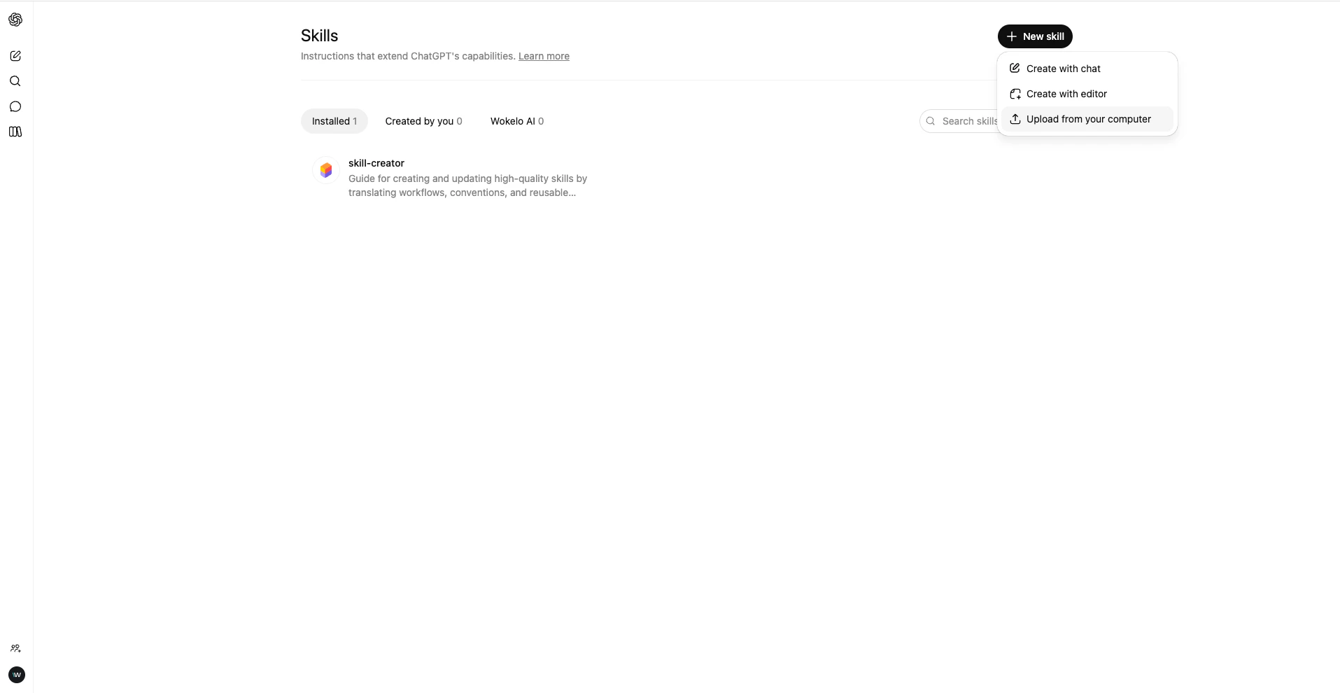 Upload Wokelo skill in ChatGPT
