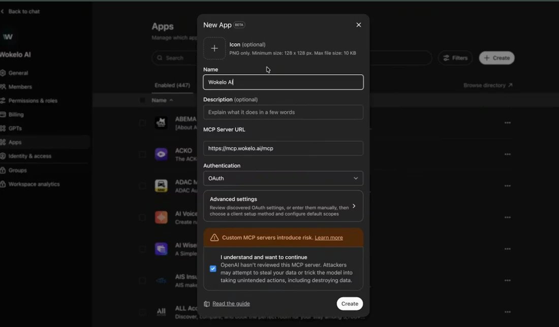 Configure Wokelo MCP in ChatGPT