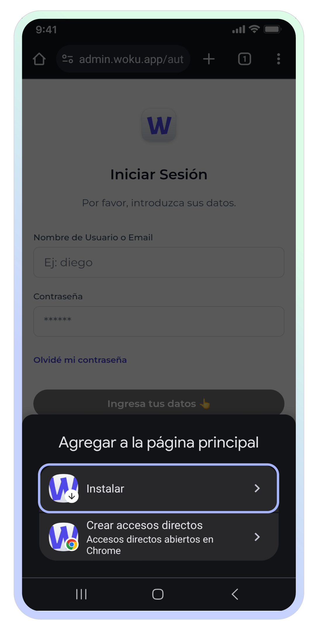 Pantalla en un dispositivo Android mostrando una hoja inferior (bottom sheet) en la parte inferior con dos opciones: 'Instalar', que permite agregar woku a la pantalla principal del dispositivo, y 'Crear accesos directos', que crea accesos abiertos en Google Chrome. La opción 'Instalar' está seleccionada y resaltada, permitiendo agregar la aplicación web de woku a la pantalla de inicio.
