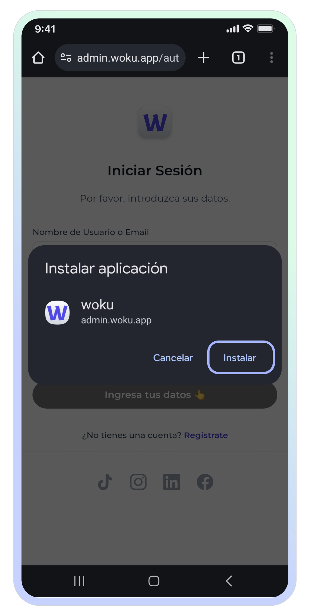Pantalla en un dispositivo Android mostrando un modal emergente para instalar la aplicación web de woku desde Google Chrome. El modal contiene dos opciones: 'Cancelar' para salir del proceso de instalación y 'Instalar' para agregar woku como aplicación a la pantalla principal del dispositivo. La opción 'Instalar' está resaltada, permitiendo proceder con la instalación. El nombre de la aplicación es 'woku' y la URL correspondiente es 'admin.woku.app'.