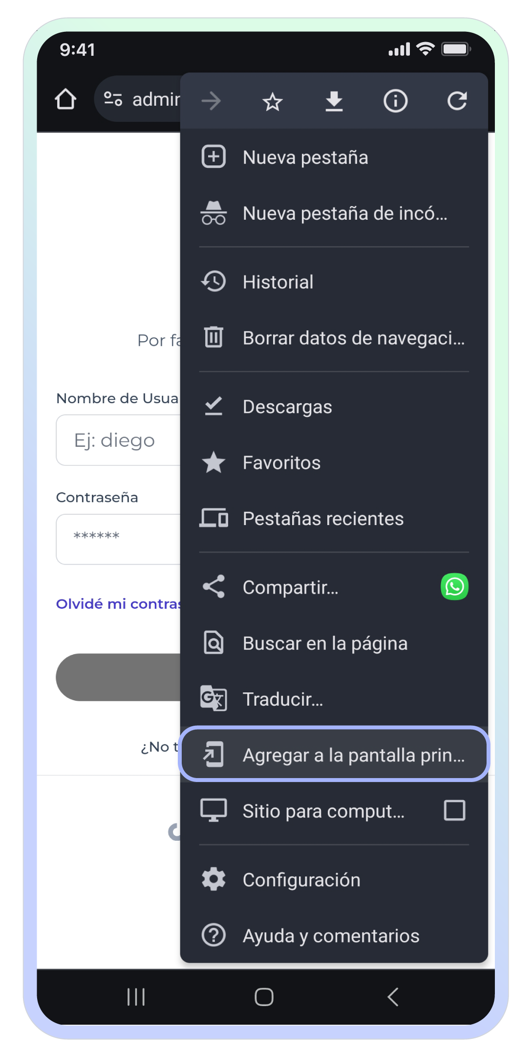 Pantalla en un dispositivo Android mostrando el menú de opciones de Google Chrome, donde se ha desplegado el menú tras seleccionar los tres puntos en la parte superior derecha. Está resaltada la opción 'Agregar a la pantalla principal', que permite crear un acceso directo a la aplicación web. Otras opciones visibles en el menú incluyen 'Nueva pestaña', 'Historial', 'Descargas', 'Favoritos', 'Buscar en la página', y 'Configuración'.