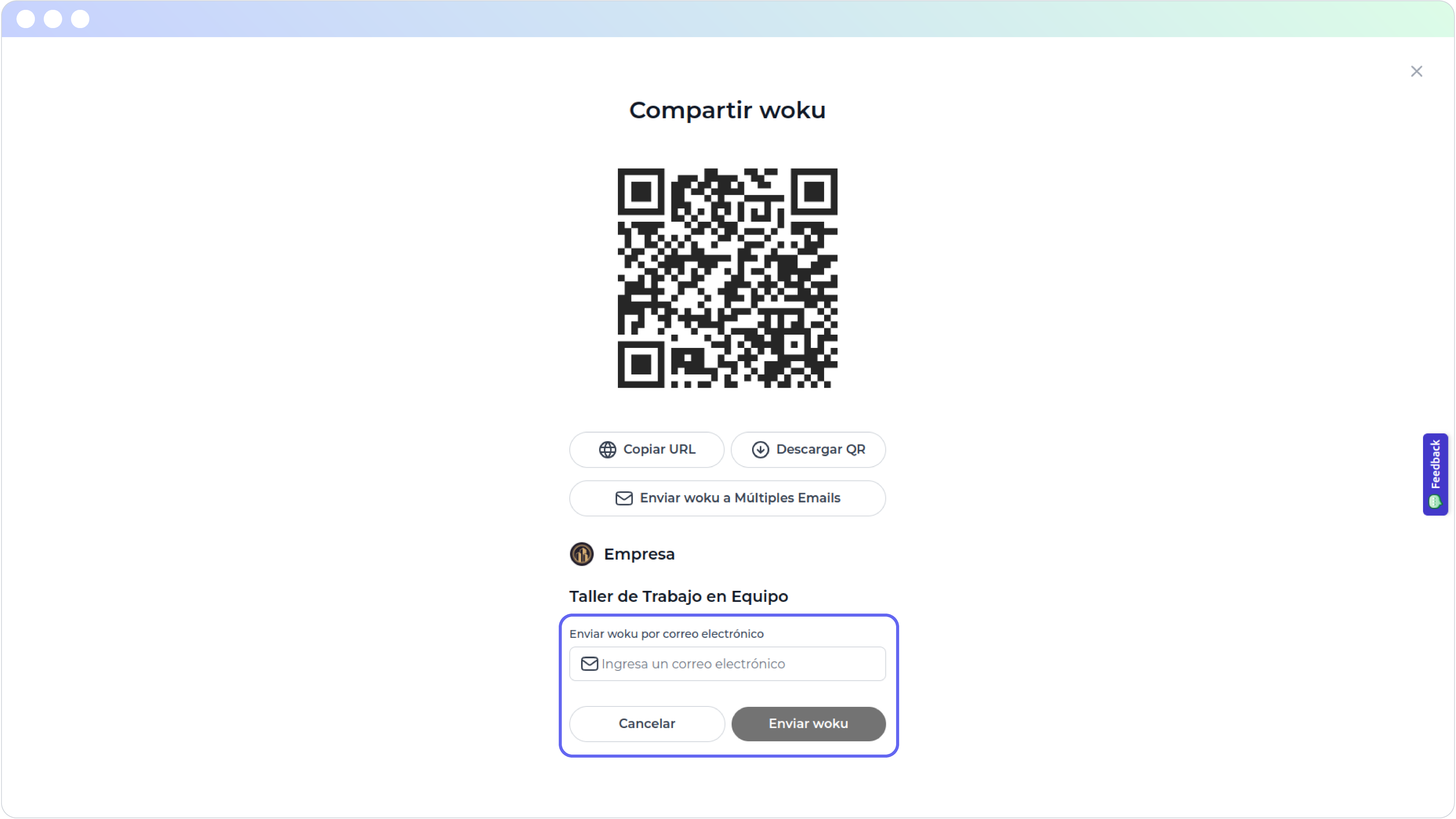 Interfaz de la aplicación de woku en computadora para compartir un woku mediante diferentes métodos: código QR, enlace URL, envío a múltiples emails y envío a un solo correo electrónico. Incluye opciones para copiar el URL, descargar el QR y un campo destacado para ingresar un correo electrónico individual.