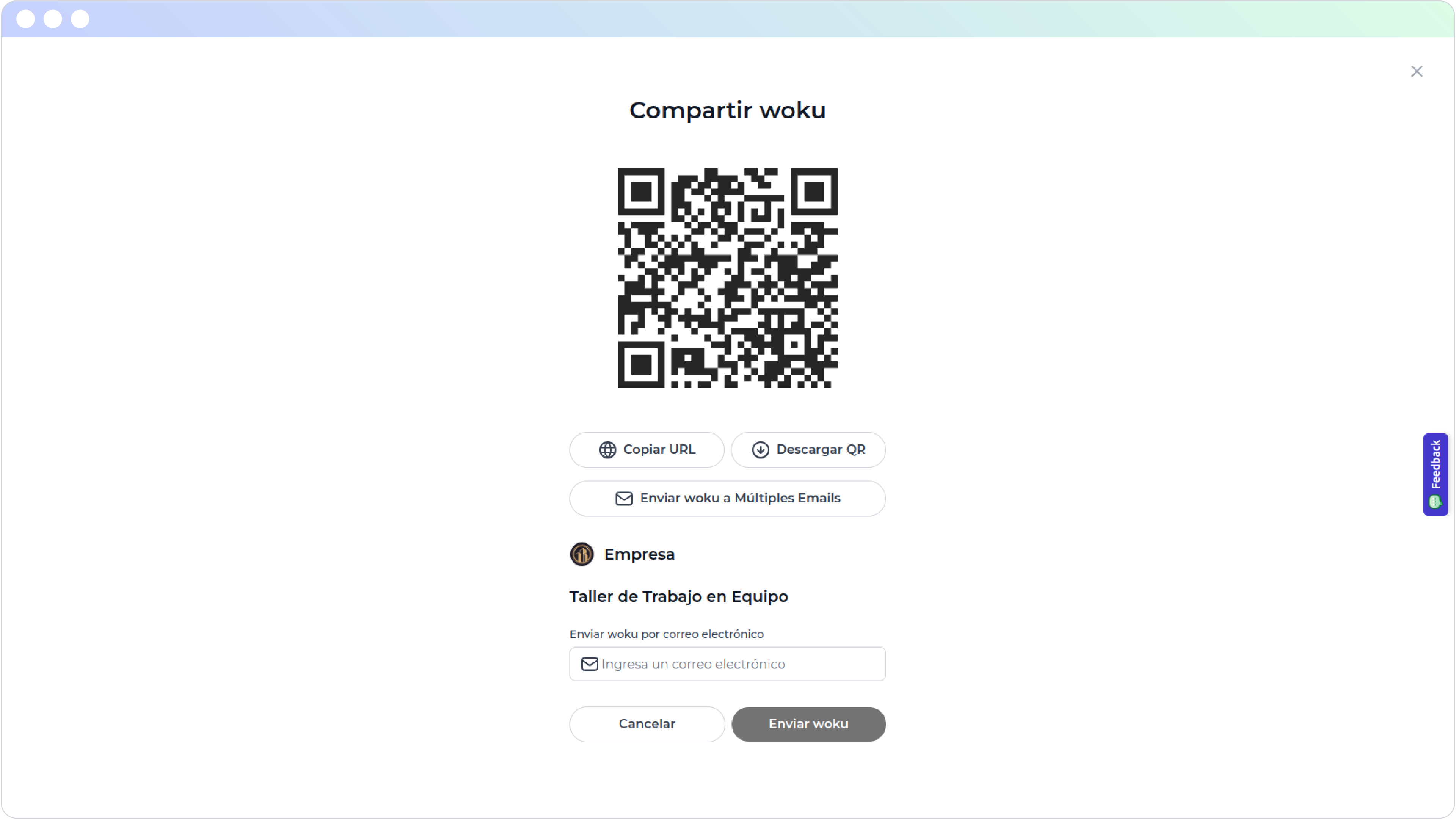Interfaz de woku mostrando las opciones para compartir el woku 'Taller de Trabajo en Equipo'. Se incluyen un código QR para escanear, botones para copiar la URL, descargar el código QR y enviar el woku a múltiples correos electrónicos. También hay un campo para ingresar un correo electrónico y la opción de enviar o cancelar el envío del woku.