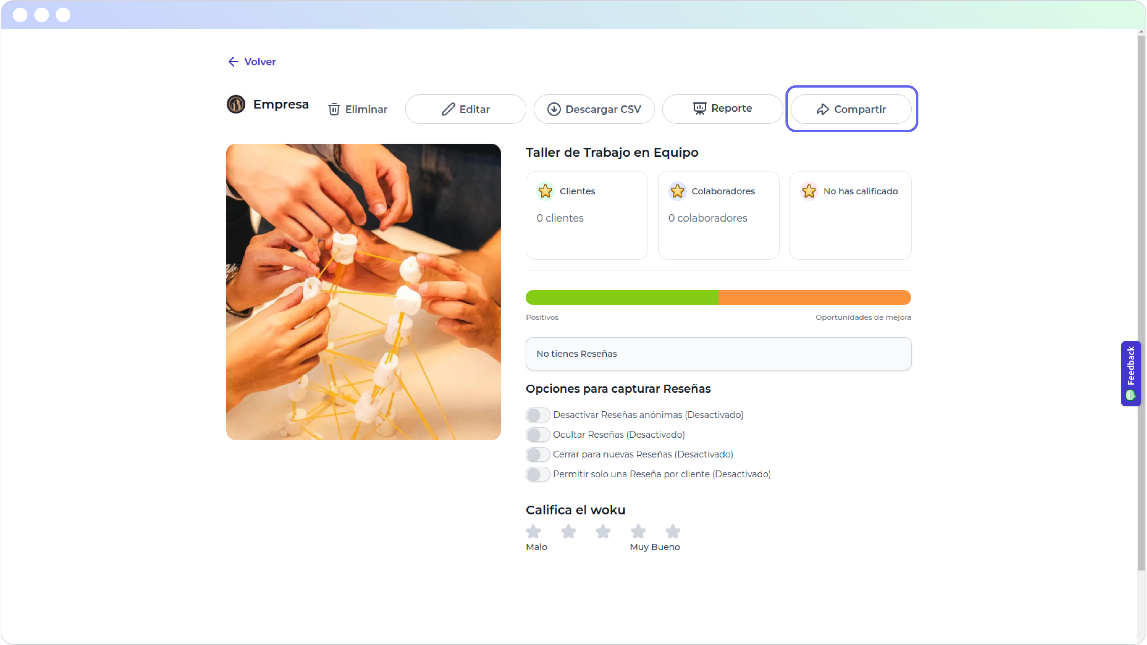Interfaz de woku mostrando el woku 'Taller de Trabajo en Equipo' sin reseñas ni calificaciones, con las opciones para editar, eliminar, descargar CSV, generar un reporte y compartir el woku. También se visualiza un gráfico de barras que representa opiniones positivas versus reseñas con oportunidades de mejora, aunque en este caso no se han recibido reseñas aún.