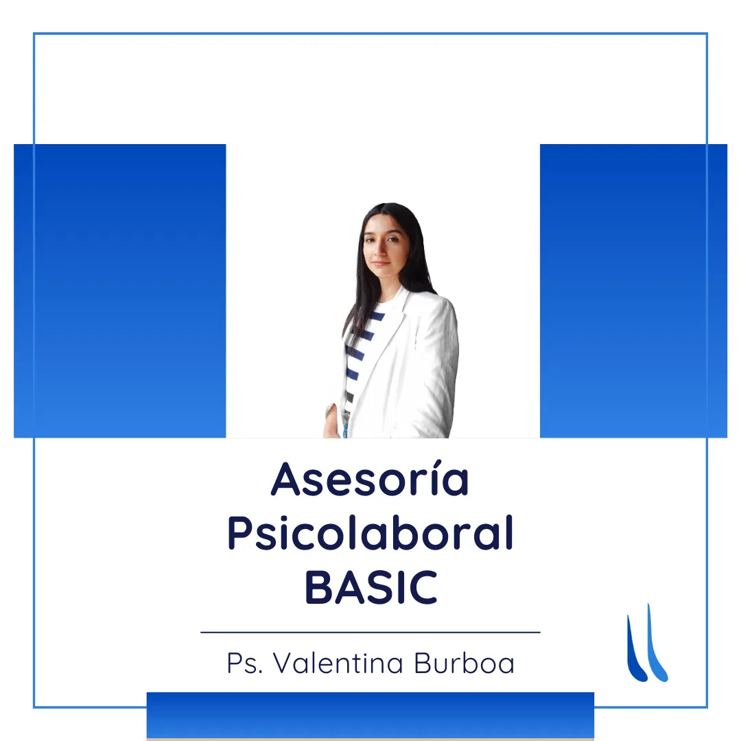 Afiche de 'Asesoría Psicolaboral BASIC' con la psicóloga Valentina Burboa, en un diseño minimalista con fondo blanco y detalles en azul.