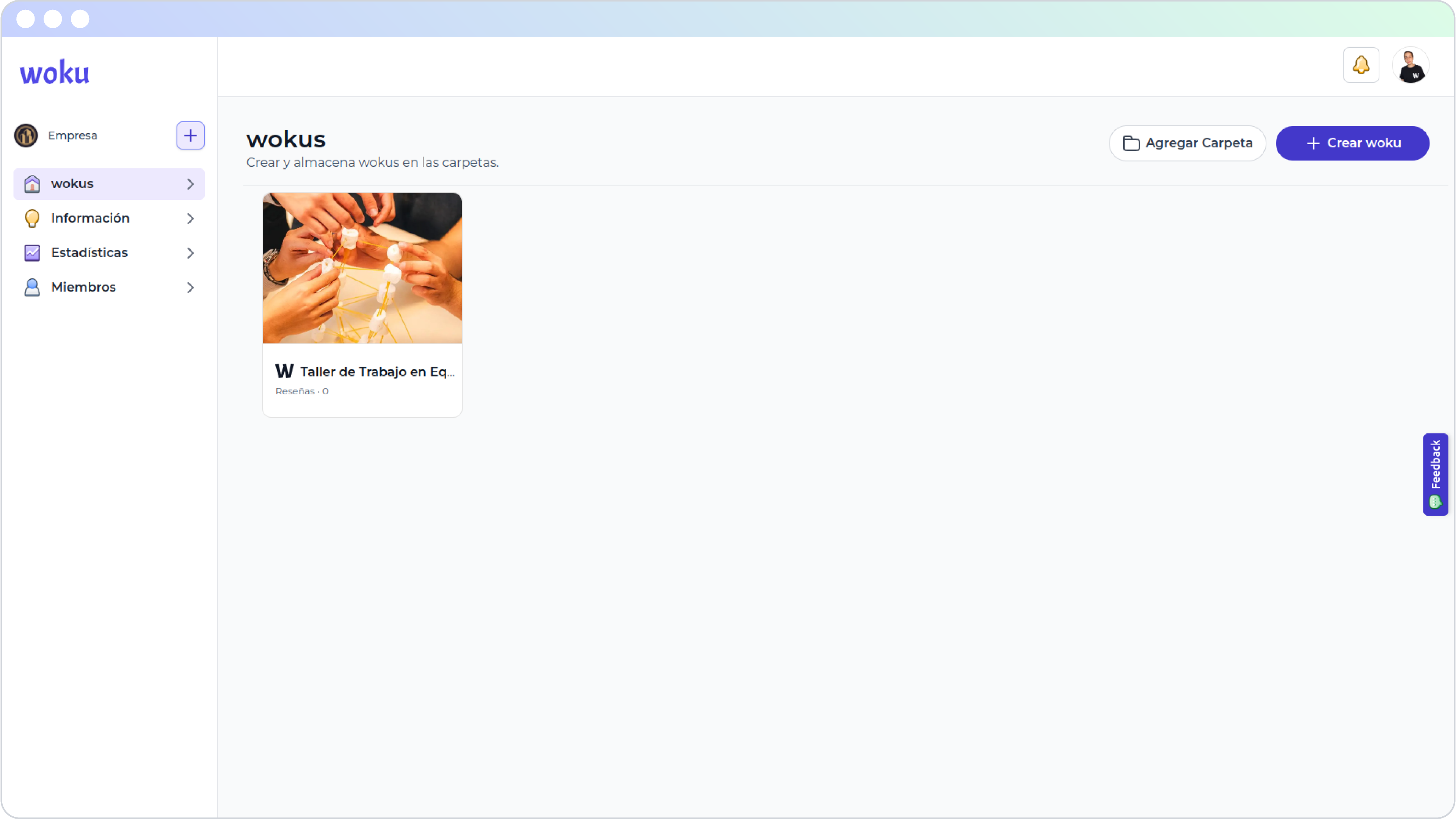 Interfaz de usuario de woku mostrando un woku creado llamado 'Taller de Trabajo en Equipo'. El woku aparece con una imagen representativa de la actividad y con un contador de reseñas vacío, dentro de la sección principal de wokus.