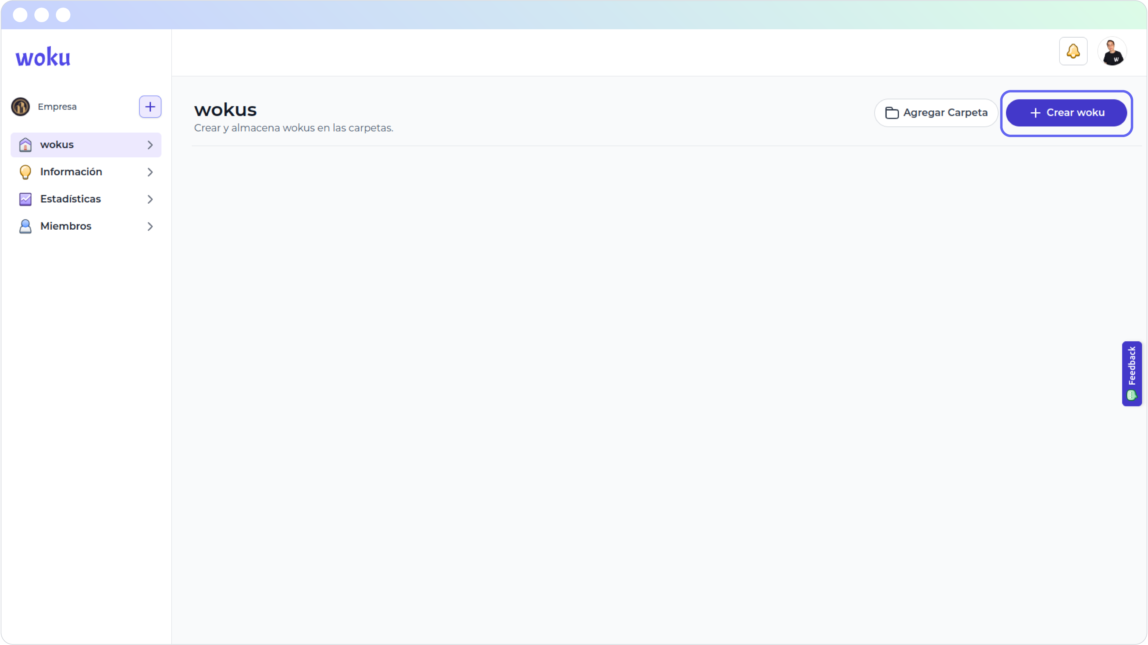 Vista de la interfaz de usuario de woku en un computador, mostrando la sección de wokus con la opción de agregar carpetas y crear nuevos wokus en el panel principal, y un menú lateral con opciones como Información, Estadísticas y Miembros.
