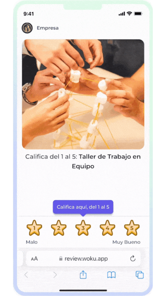 Demostración de la aplicación de woku en un iPhone donde un usuario califica con 5 estrellas un taller de trabajo en equipo, deja un comentario en texto que dice 'Me encantó el taller, aprendí a trabajar mejor con mi equipo', ingresa su correo electrónico, y envía la reseña. Al final, aparece una animación de un avión de papel seguida de un mensaje de agradecimiento por el feedback.