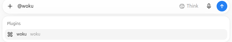 ChatGPT plugin picker in English with woku suggested after typing at-woku
