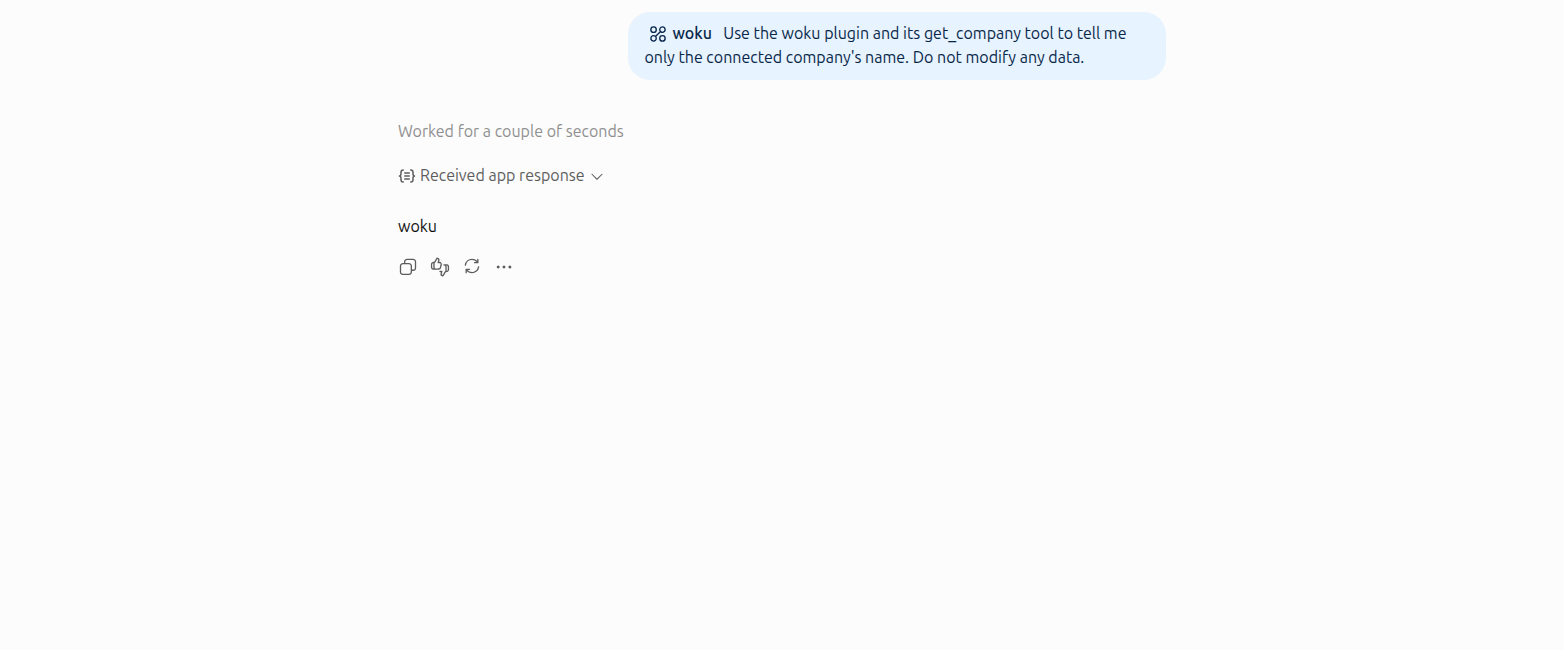 ChatGPT in English shows woku after calling get_company