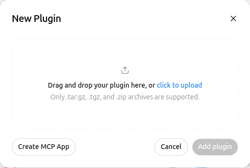 ChatGPT New Plugin window with the Create MCP App button