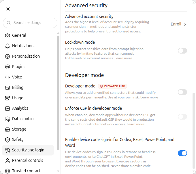 ChatGPT Security and login in English with Developer mode off